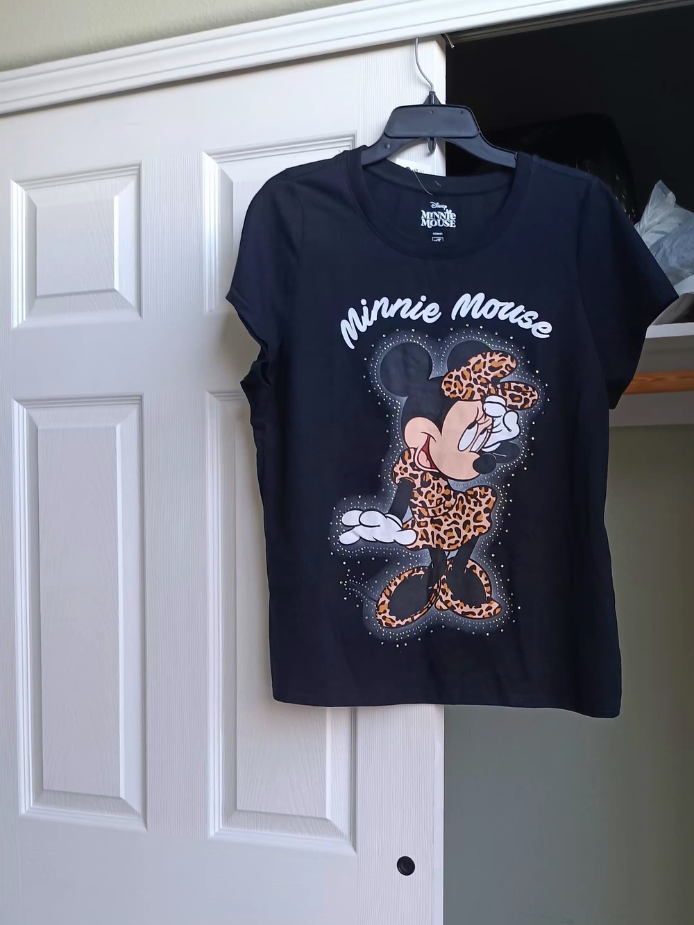 Disney Black Tee with Leopard-Print Minnie Graphic and White Accents